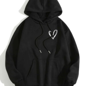 Heart Print Thermal Lined Drawstring Hoodie