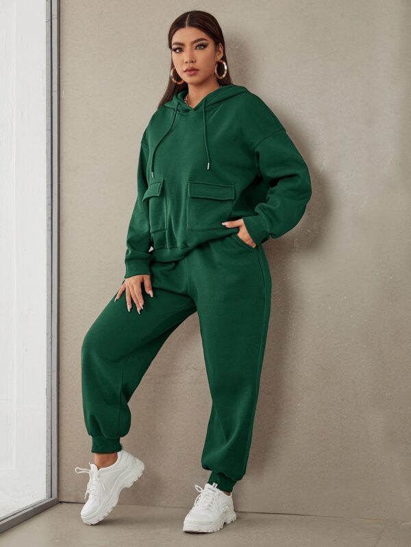 SHEIN EZwear Plus Flap Pocket Drop Shoulder Drawstring Thermal Hoodie & Sweatpants