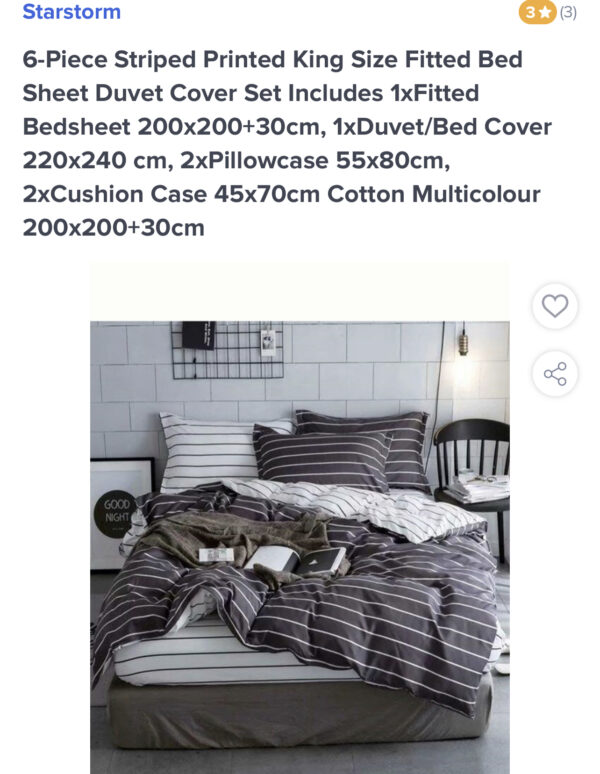 6-Piece Striped Printed King Size Fitted Bed Sheet Duvet Cover Set Includes