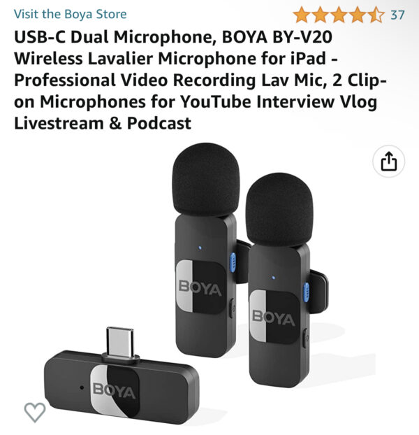 USB-C Dual Microphone, BOYA BY-V20 Wireless Lavalier Microphone for iPad
