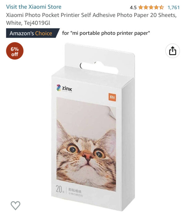 Xiaomi Photo Pocket Printier Self Adhesive Photo Paper 20 Sheets, White