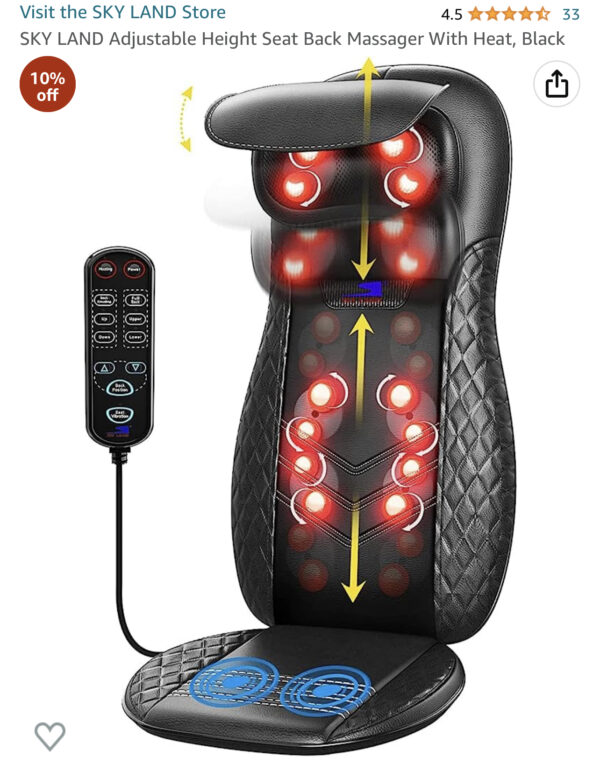 SKY LAND Adjustable Height Seat Back Massager With Heat, Black