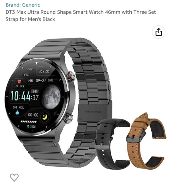 DT3 Max Ultra Round Shape Smart Watch 46mm with Three Set Strap for Men's Black