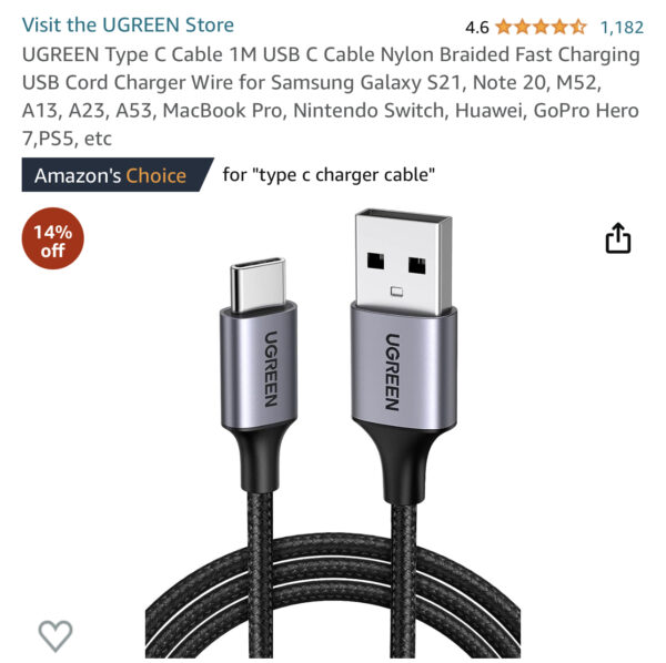 UGREEN Type C Cable 1M USB C Cable Nylon Braided Fast Charging