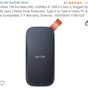 SanDisk 1TB Portable SSD, 520MB/s R, USB 3.2 Gen 2, Rugged SSD