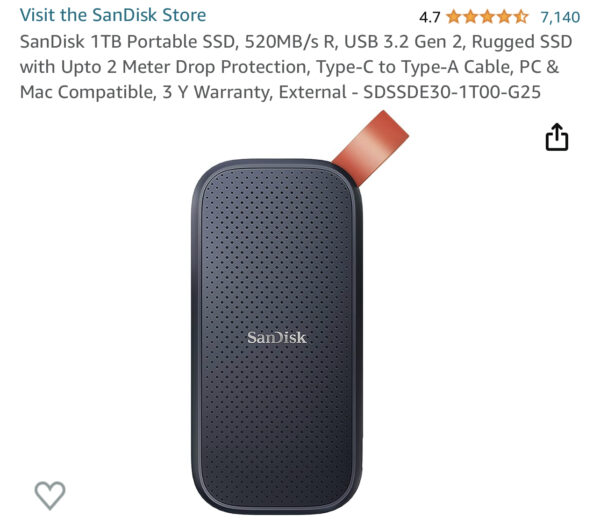 SanDisk 1TB Portable SSD, 520MB/s R, USB 3.2 Gen 2, Rugged SSD