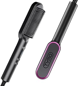 TYMO Hair Straightener Brush, Hair Iron with Built-in Comb. Tourmaline Ceramic Coating. Fast Heating & 5 Temp Settings. Hair Straightener Brush That Salon Styling at Home. (Matte Black)
