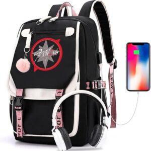 WGEEEY Kpop Stray Kids Backpack Merchandise, Stray Kids Book Bag Casual Backpack Gift, Black, Laptop