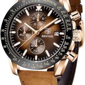 Mens Watches BY BENYAR Chronograph Analog Quartz Movement Leather Band Stylish Sports Designer Wrist Watch 30M Waterproof Elegant Gift for Men