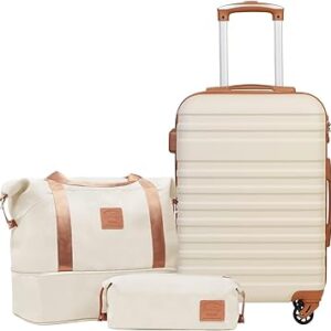 COOLIFE Suitcase Trolley Carry On Hand Cabin Luggage Hard Shell Travel Bag Lightweight with TSA Lock,The Suitcase Included 1pcs Travel Bag and 1pcs Toiletry Bag (White/Brown, 20 Inch Luggage Set)