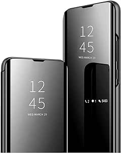 Clear View Cover Case for Samsung Galaxy S20 Ultra Standing Flip Folding Kickstand Case with Full Screen ProtectionShockproof Electroplate Plating Mirror Holder Smart Bumper Case-Black