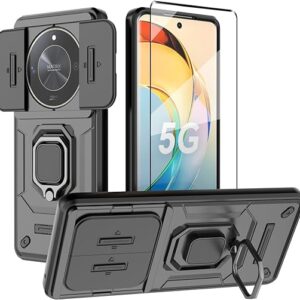 WRTBS for Honor X9b 5G Case Cover with Full Covered Tempered Glass Screen Protector Built Slide Camera Protection Cover,Military Heavy Duty Protective Phone Case - Black