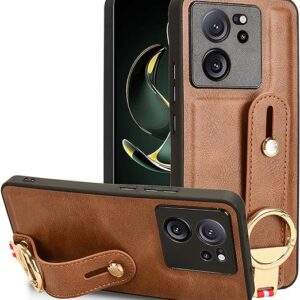 Moninsta Compatible with Xiaomi 13T / 13T Pro 5G Case Cover, Wrist Strap Hand Holder Bracelet Leather Cases,TPU Wristband Stand Phone Bumper Cover with Shoulder Strap Neck Cord Anti-Fall (Brown)