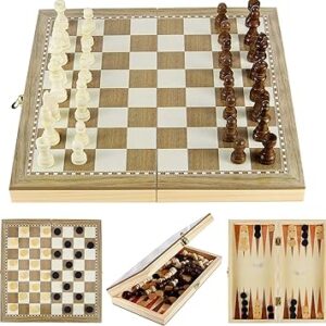 Wooden Chess Set, 3-in-1 Folding Portable Chess Board Game Set and Checkers Backgammon, Interior Storage Travel Chess Set for Adults Teens, 11.8inche