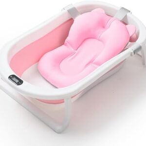 SKY-TOUCH Baby Foldable Bath Tub with Bathmat Cushion & Thermometer, Portable Baby Bathtub with Drain Hole, Shower Basin with Non-Slip Support Leg for 0-6 Years Boy Girl (Pink)