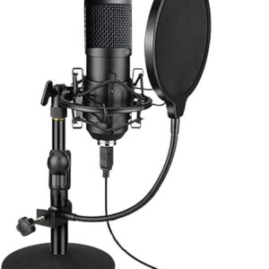 Angju USB Streaming Podcast PC Microphone, Professional 192kHz/24bit Studio Cardioid Condenser Mic Kit with Sound Card Boom Arm Shock Mount Pop Filter, for Skype Youtuber Karaoke Gaming Recording