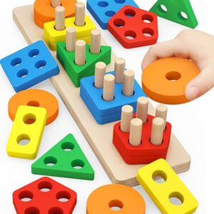 Montessori Toys for 1 to 3-Year-Old Boys Girls Toddlers, Wooden Sorting & Stacking Toys