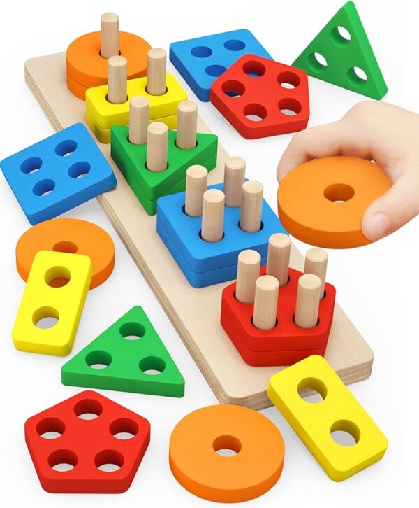 Montessori Toys for 1 to 3-Year-Old Boys Girls Toddlers, Wooden Sorting & Stacking Toys