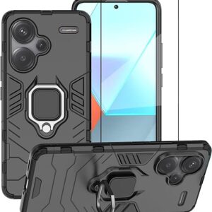 WRTBS for Xiaomi Redmi Note 13 Pro Plus 5G Case Cover with Full Covered Glass Screen Protector, Heavy Duty Dual Layer Military Grade Shockproof Protective Cover with Magnetic Ring Kickstand - Black