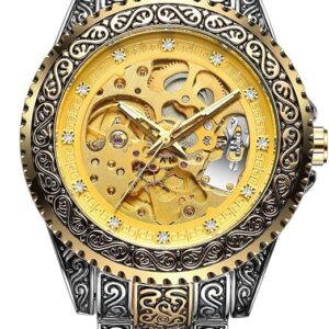 FORSINING Classic Retro Mechanical Watch for Men's, Luxury Gloden Diamond Watch, Stainless Steel and Waterproof, Gold & Silver Skeleton Automatic watch