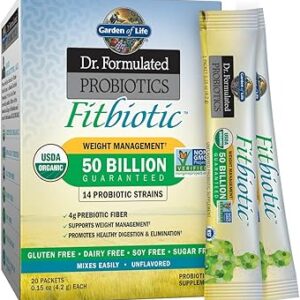Garden of Life Dr. Formulated Probiotics Fitbiotic Weight Management Powder 50 Billion Cfu & Prebiotic Fiber, Organic & Non-Gmo Digestive Gut Health Probiotic Supplement, 20 Single Serving Packets