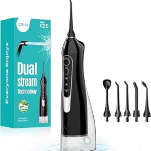 COSLUS Professional Water Flosser For Teeth Braces Gums Care, Cordless Oral Irrigador, Deep Cleaning, Rechargeable, Waterproof, BPA-Free, Portable, Home and Travel, Black C20