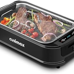 CUSIMAX Electric Grill, Indoor Smokeless Grill with LED Smart Display, Glass Lid, 1500W Family Grill with Non-Stick Plate, Variable Temperature Control, Health grill with Drip Tray, Dishwasher Safe